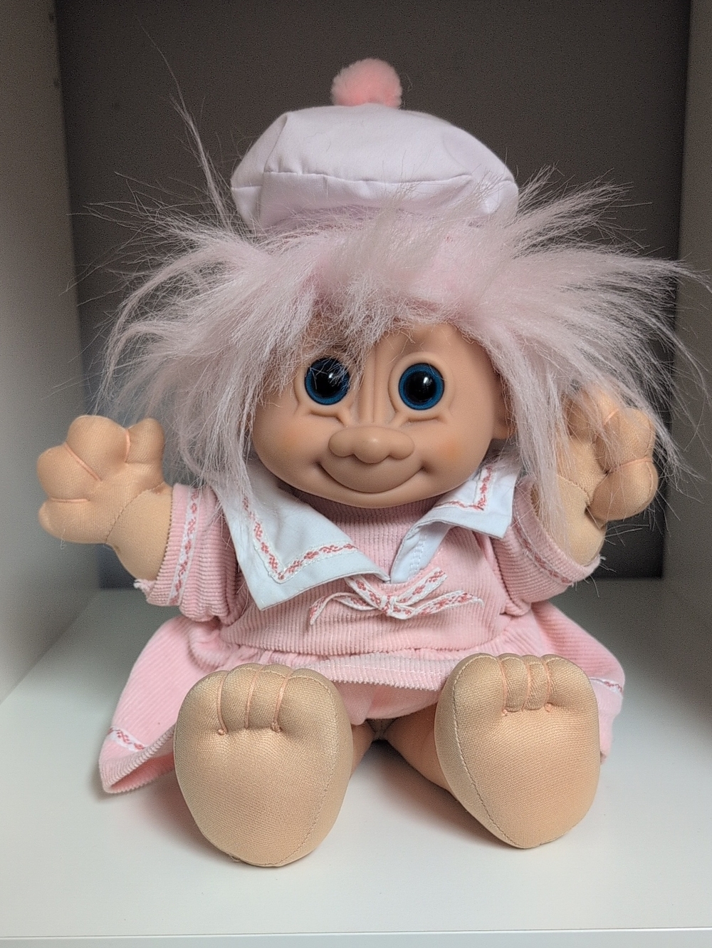 Adorable RUSS Pink Hair Troll Doll With Corduroy Dress And Hat Mint Condition